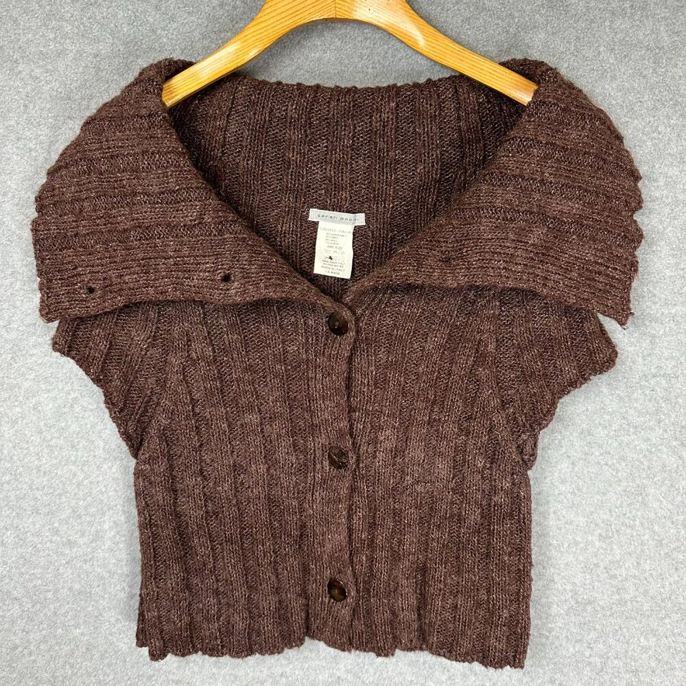 Sarah Pacini Brown Cowl Neck Knit Cardigan Shawl Collar Vest Minimalist One Size